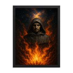 Giordano Bruno cosmic pyre portrait framed print on a plain backdrop in size 18"x24".
