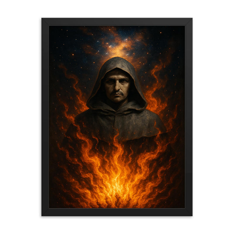 Giordano Bruno cosmic pyre portrait framed print on a plain backdrop in size 18