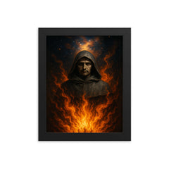 Giordano Bruno cosmic pyre portrait framed print on a plain backdrop in size 8"x10".