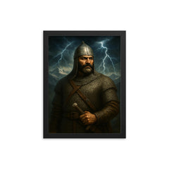 Giorgi Saakadze in chainmail beneath Caucasus thunder framed print on a plain backdrop in size 12"x16".