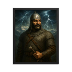 Giorgi Saakadze in chainmail beneath Caucasus thunder framed print on a plain backdrop in size 16"x20".