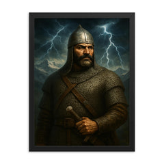 Giorgi Saakadze in chainmail beneath Caucasus thunder framed print on a plain backdrop in size 18"x24".