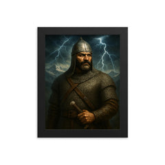 Giorgi Saakadze in chainmail beneath Caucasus thunder framed print on a plain backdrop in size 8"x10".