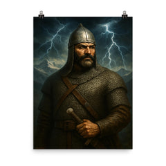 Giorgi Saakadze in chainmail beneath Caucasus thunder poster on a plain backdrop in size 8"x10".