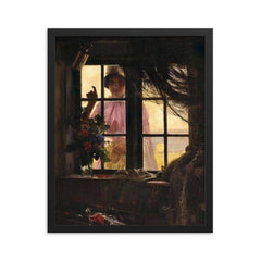 Girl Knocking on Fisherman's Window by Carl Heinrich Bloch, 1884 framed print on a plain backdrop in size 16"x20".