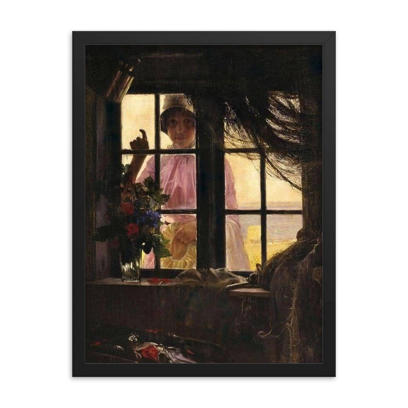 Girl Knocking on Fisherman's Window by Carl Heinrich Bloch, 1884 framed print on a plain backdrop in size 18