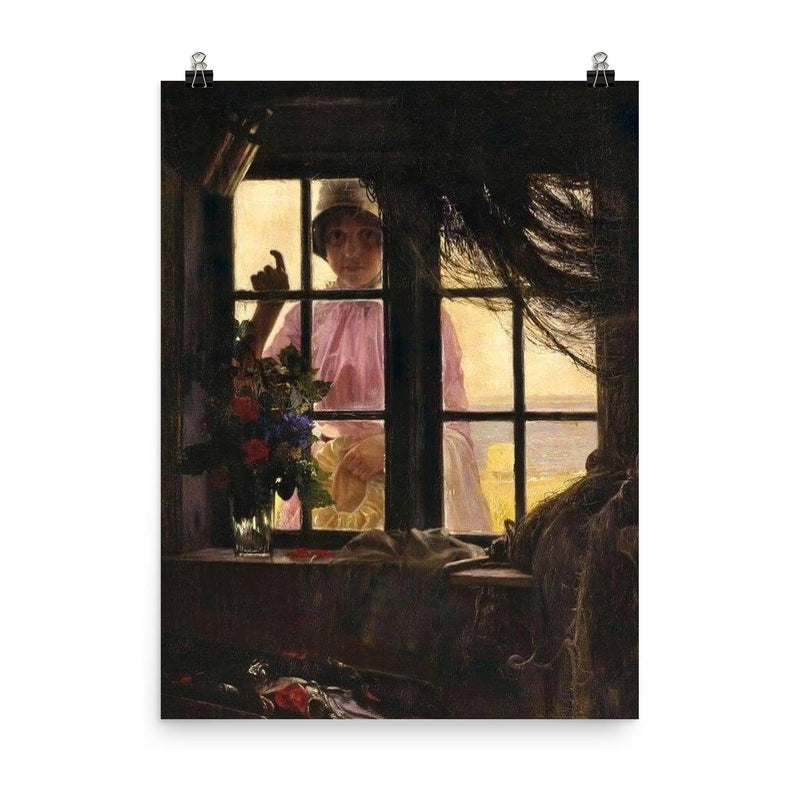 Girl Knocking on Fisherman's Window by Carl Heinrich Bloch, 1884 poster on a plain backdrop in size 8