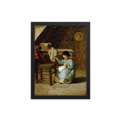 Girl Sewing by Adolf von Becker framed print on a plain backdrop in size 12"x16".