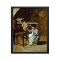 Girl Sewing by Adolf von Becker framed print on a plain backdrop in size 16"x20".