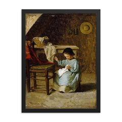Girl Sewing by Adolf von Becker framed print on a plain backdrop in size 18"x24".