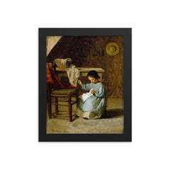 Girl Sewing by Adolf von Becker framed print on a plain backdrop in size 8"x10".