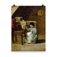 Girl Sewing by Adolf von Becker poster on a plain backdrop in size 8"x10".