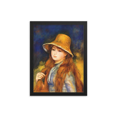 Girl with a Straw Hat by Renoir framed print on a plain backdrop in size 12"x16".