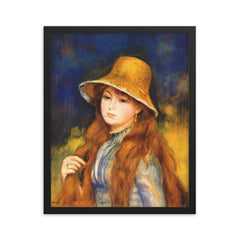 Girl with a Straw Hat by Renoir framed print on a plain backdrop in size 16"x20".