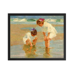 Girls Playing in Surf by Edward Henry Potthast framed print on a plain backdrop in size 16"x20".