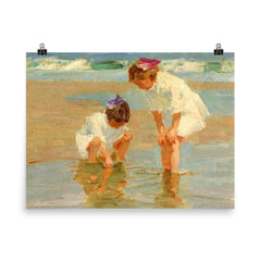 Girls Playing in Surf by Edward Henry Potthast poster on a plain backdrop in size 8"x10".