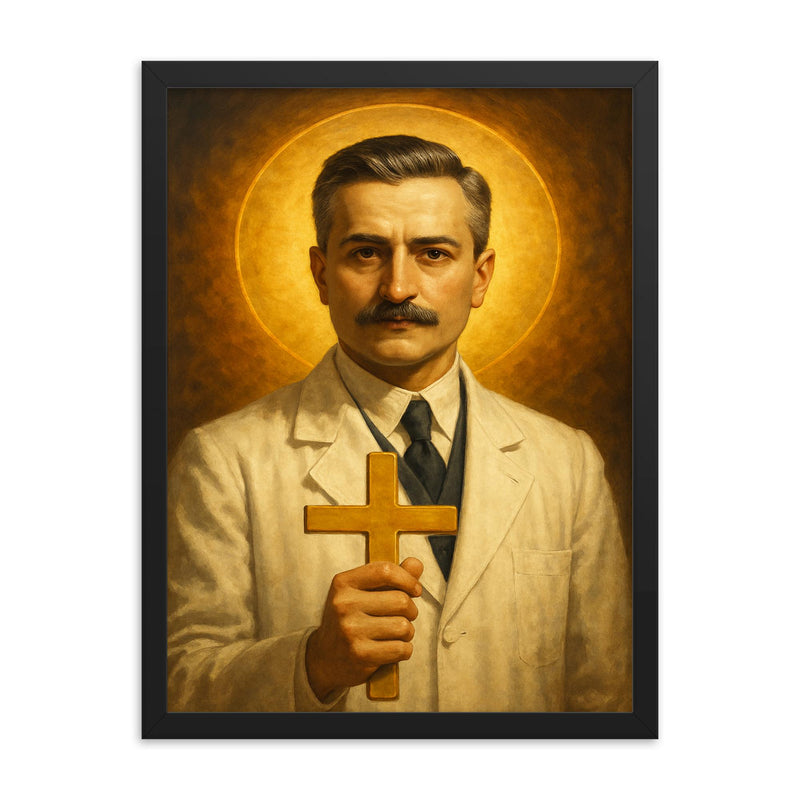 Giuseppe Moscati framed print on a plain backdrop in size 18