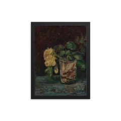 Glass with Yellow Roses by Vincent van Gogh, 1886 framed print on a plain backdrop in size 12"x16".