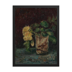Glass with Yellow Roses by Vincent van Gogh, 1886 framed print on a plain backdrop in size 18"x24".