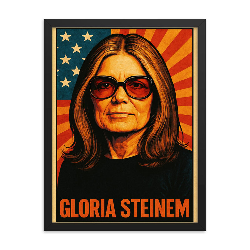Gloria Steinem framed print on a plain backdrop in size 18