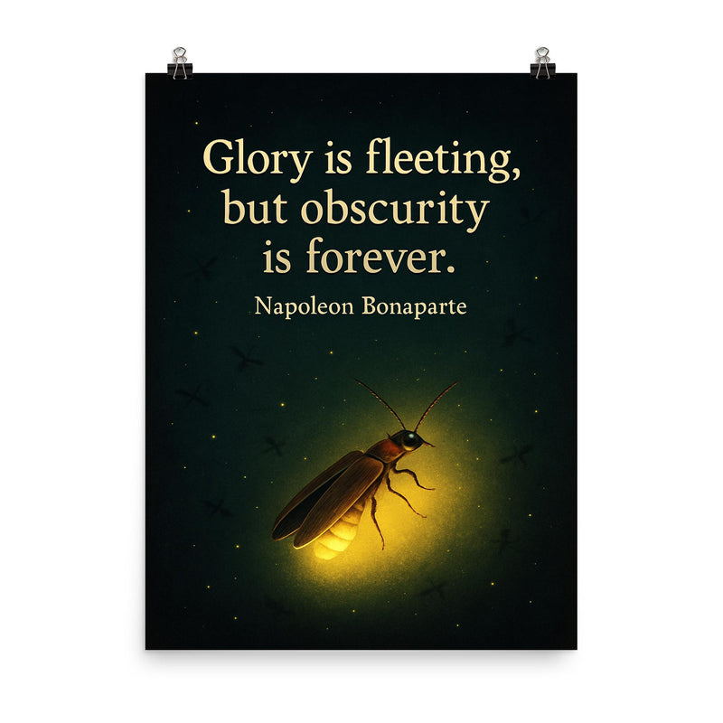 Glory is fleeting but obscurity is forever Napoleon Bonaparte firefly shining inspiring poster on a plain backdrop in size 8