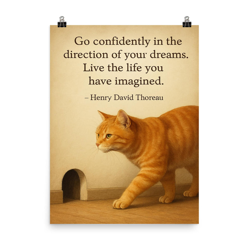 Go confidently cat walking toward mouse hole inspiring quote poster on a plain backdrop in size 8