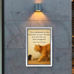 Go confidently cat walking toward mouse hole inspiring quote poster 2