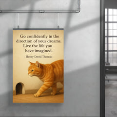Go confidently cat walking toward mouse hole inspiring quote poster 4
