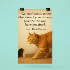 Go confidently cat walking toward mouse hole inspiring quote poster 6