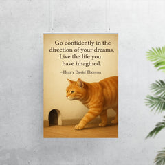 Go confidently cat walking toward mouse hole inspiring quote poster 7