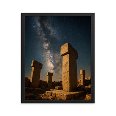Gobekli Tepe pillars under Milky Way framed print on a plain backdrop in size 16"x20".