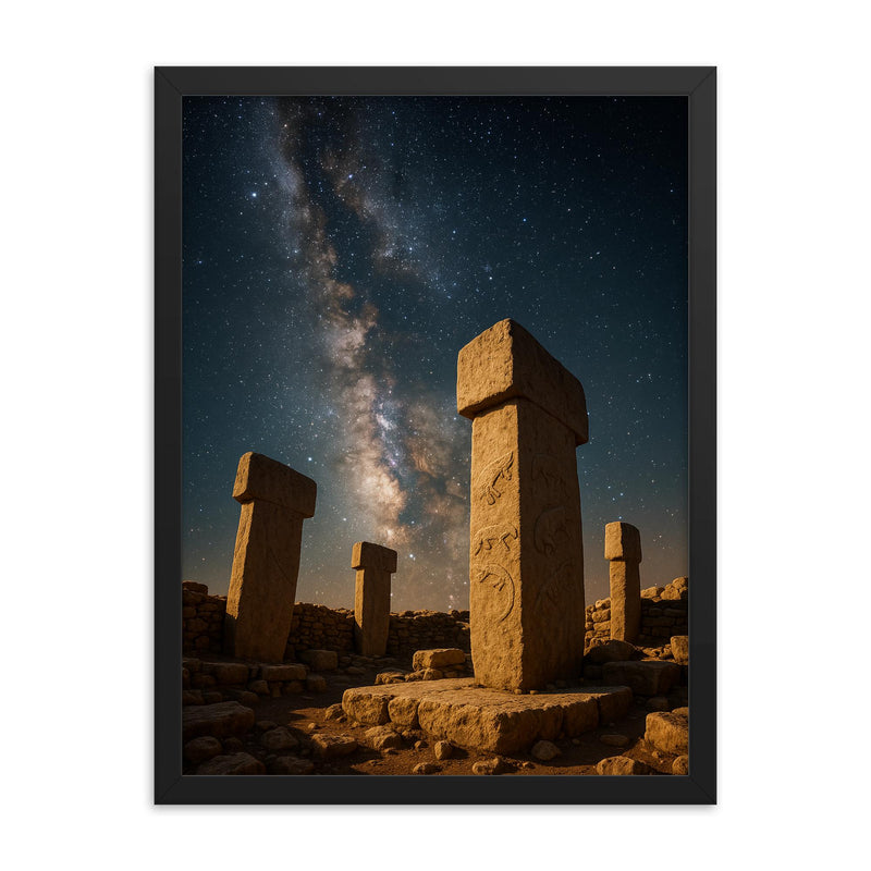Gobekli Tepe pillars under Milky Way framed print on a plain backdrop in size 18