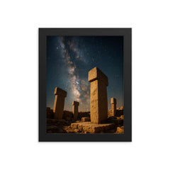 Gobekli Tepe pillars under Milky Way framed print on a plain backdrop in size 8"x10".