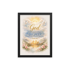 God is within her she will not fall Psalm 465 framed print on a plain backdrop in size 12"x16".