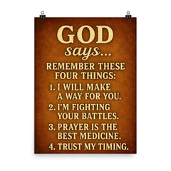 God says remember these 4 things - motivational inspiring Christian life advice poster on a plain backdrop in size 8"x10".