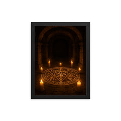 Goetic seal circle in candlelit stone crypt framed print on a plain backdrop in size 12"x16".