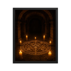 Goetic seal circle in candlelit stone crypt framed print on a plain backdrop in size 16"x20".