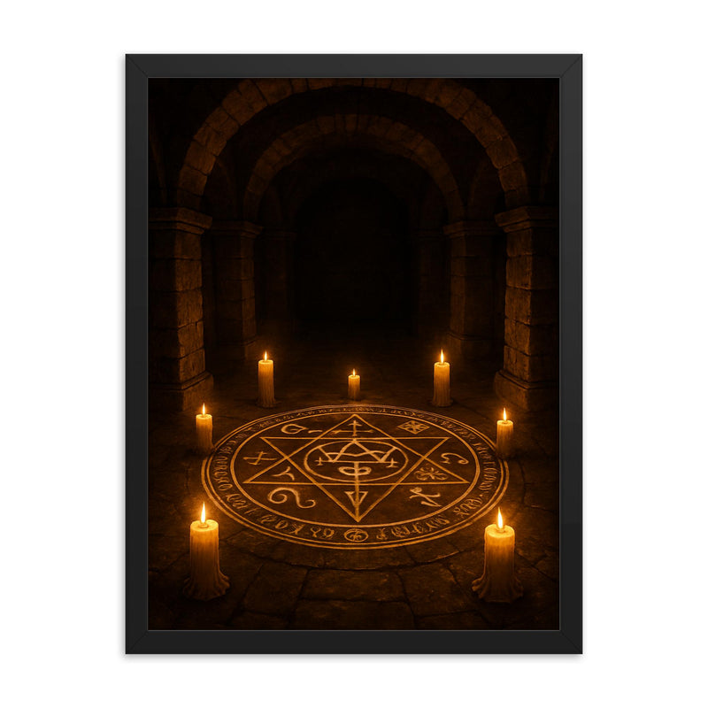 Goetic seal circle in candlelit stone crypt framed print on a plain backdrop in size 18