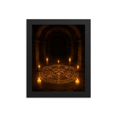 Goetic seal circle in candlelit stone crypt framed print on a plain backdrop in size 8"x10".