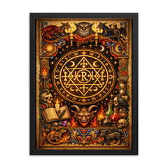 Goetic seal illuminated like medieval manuscript framed print on a plain backdrop in size 18"x24".