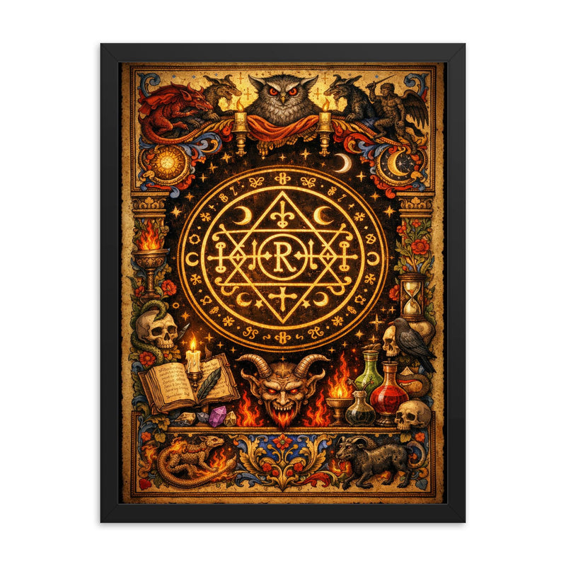 Goetic seal illuminated like medieval manuscript framed print on a plain backdrop in size 18