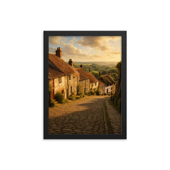 Gold Hill Shaftesbury England framed print on a plain backdrop in size 12"x16".