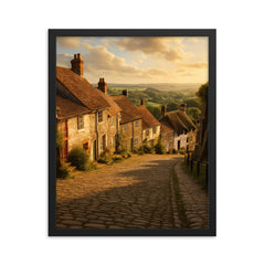 Gold Hill Shaftesbury England framed print on a plain backdrop in size 16"x20".