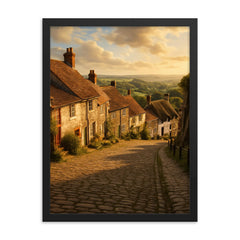 Gold Hill Shaftesbury England framed print on a plain backdrop in size 18"x24".
