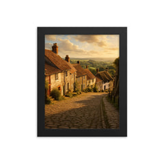 Gold Hill Shaftesbury England framed print on a plain backdrop in size 8"x10".