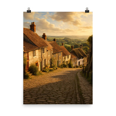 Gold Hill Shaftesbury England poster on a plain backdrop in size 8"x10".