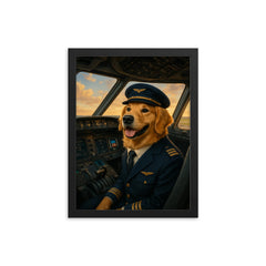 Golden Retriever airline pilot in cockpit ready for takeoff framed print on a plain backdrop in size 12"x16".