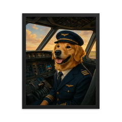 Golden Retriever airline pilot in cockpit ready for takeoff framed print on a plain backdrop in size 16"x20".