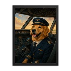 Golden Retriever airline pilot in cockpit ready for takeoff framed print on a plain backdrop in size 18"x24".