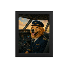 Golden Retriever airline pilot in cockpit ready for takeoff framed print on a plain backdrop in size 8"x10".
